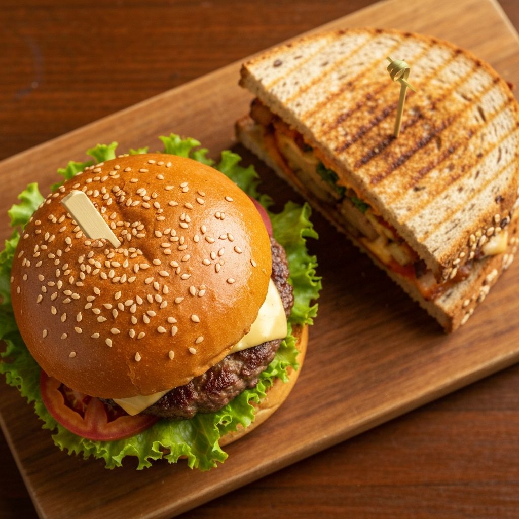 Juicy beef burger and toasted sandwich served on a wooden board