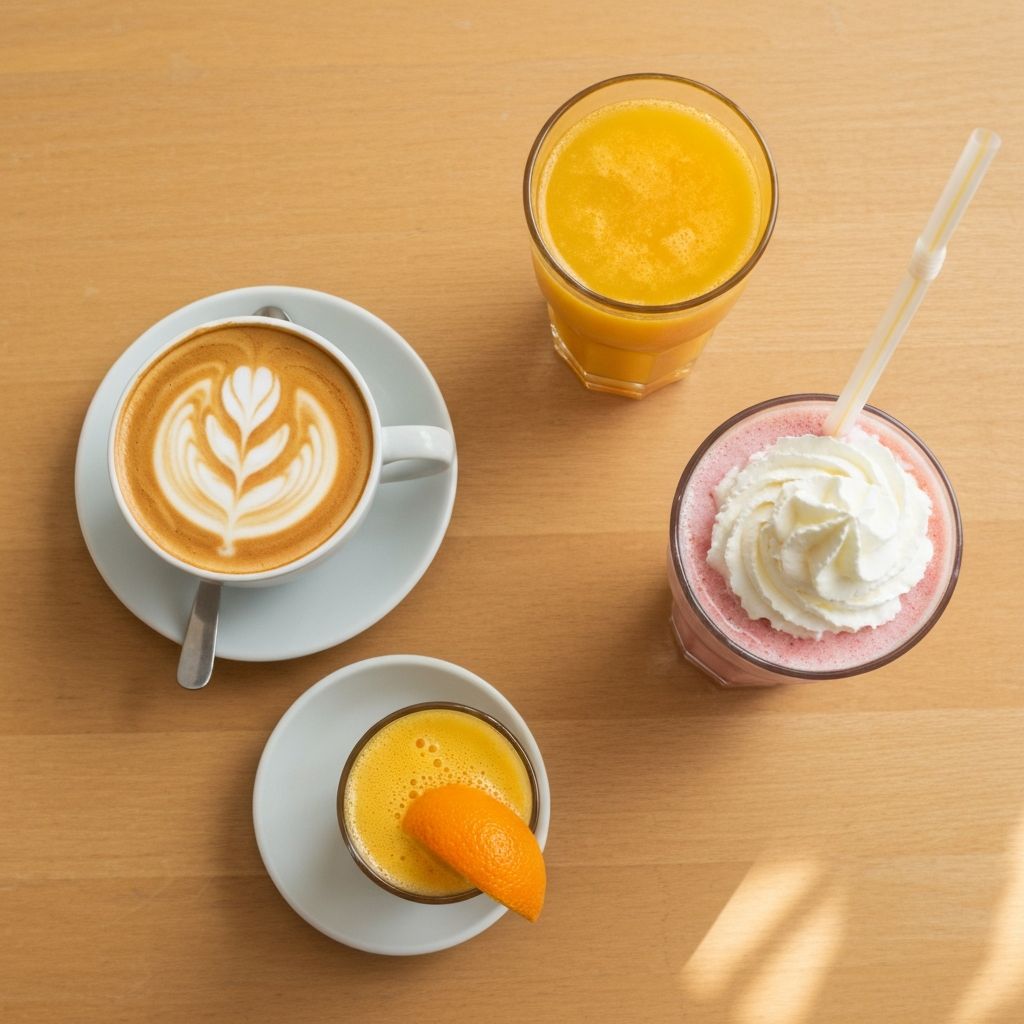 Flat white coffee with latte art, milkshake, and fresh juice on a cafe table