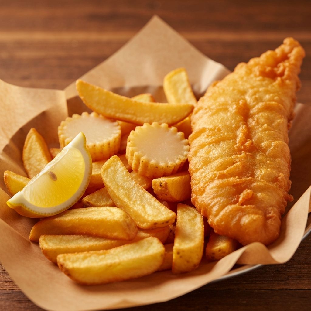 Golden battered fish and chips with potato scallops and lemon wedge