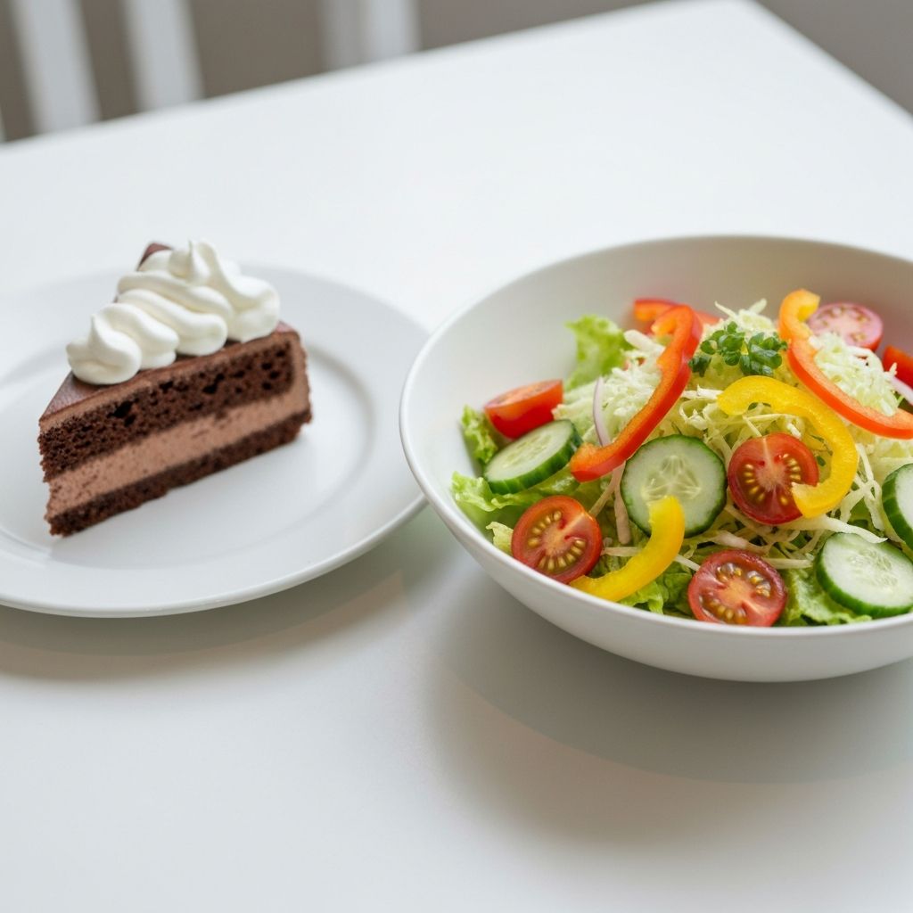 Fresh garden salad in a white bowl alongside a slice of homemade cake